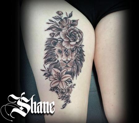 Tattoos - Lion behind flowers by Shane  - 143438